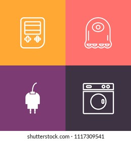 Modern, simple vector icon set on colorful background with wash, alien, clean, phone, power, computer, energy, funny, domestic, electric, equipment, background, technology, cartoon, creature icons