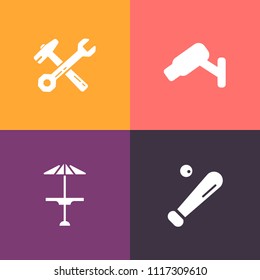 Modern, simple vector icon set on colorful background with game, bar, protection, spanner, grass, sign, cctv, counter, equipment, guard, toolbox, field, sport, wrench, team, wooden, surveillance icons