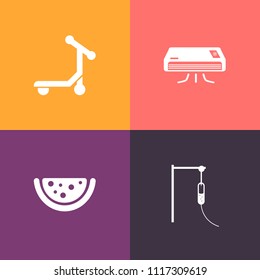 Modern, simple vector icon set on colorful background with transport, snowflake, summer, background, cold, watermelon, scooter, electric, sign, medicine, fruit, motorbike, drug, healthy, medical icons