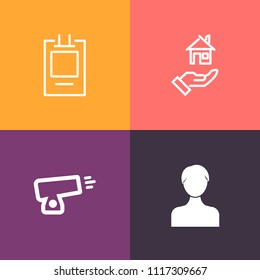 Modern, simple vector icon set on colorful background with ball, gun, real, sale, war, avatar, sign, antique, buy, house, weapon, label, military, home, tag, premium, retro, banner, building icons