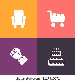 Modern, simple vector icon set on colorful background with finger, button, white, graphic, sale, hand, communication, concept, baked, commercial, arm, teamwork, delicious, chair, web, cream, pie icons