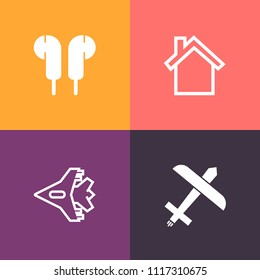Modern, simple vector icon set on colorful background with headphone, transportation, sign, smartphone, aircraft, smart, home, sound, device, ear, phone, jetliner, air, internet, fly, plane, sms icons