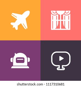 Modern, simple vector icon set on colorful background with transportation, house, aircraft, space, room, media, window, airport, aviation, air, decoration, interior, curtain, plane, travel, sign icons
