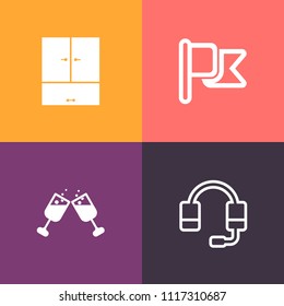 Modern, simple vector icon set on colorful background with call, drink, wardrobe, headset, audio, beverage, wine, black, flag, equipment, white, usa, national, america, merlot, cabernet, banner icons