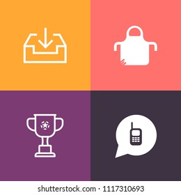 Modern, simple vector icon set on colorful background with winner, technology, champion, restaurant, hand, internet, website, pinafore, mobile, uniform, trophy, communication, accessory, graphic icons