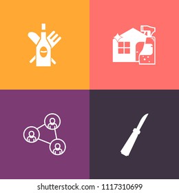 Modern, simple vector icon set on colorful background with mop, screen, display, winery, knife, housework, spray, digital, white, chef, cook, house, merlot, wine, holding, dinner, bottle, pour icons