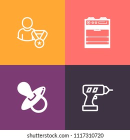 Modern, simple vector icon set on colorful background with website, machine, business, house, drill, home, stove, household, cooking, subscribe, pacifier, rating, internet, little, widget, baby icons