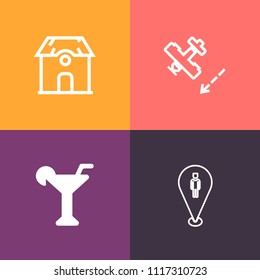 Modern, simple vector icon set on colorful background with beverage, transportation, map, gps, property, housing, plane, passenger, jet, construction, navigation, martini, flight, liquid, place icons