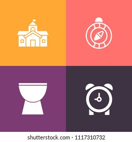 Modern, simple vector icon set on colorful background with architecture, building, landmark, clock, navigation, acoustic, drum, west, office, courthouse, piano, instrument, hour, bell, east, map icons