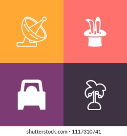 Modern, simple vector icon set on colorful background with tree, summer, satellite, sign, magician, car, show, radio, wireless, radar, automotive, space, silhouette, natural, digital, tropical icons