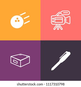 Modern, simple vector icon set on colorful background with business, drawer, competition, zoom, tripod, hobby, tool, alley, sign, recreation, cabinet, movie, storage, video, pencil, cinema, pen icons