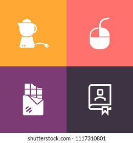 Modern, simple vector icon set on colorful background with internet, contact, white, object, organizer, tea, hot, business, dark, office, work, bar, dessert, personal, mouse, sweet, book, snack icons