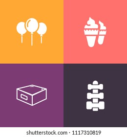 Modern, simple vector icon set on colorful background with sign, training, chocolate, cream, drawer, lifting, fun, party, ice-cream, dumbbell, weight, sport, dessert, white, sweet, equipment icons