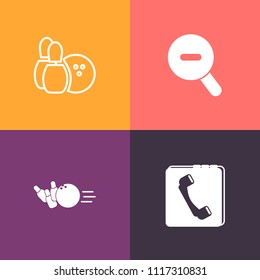 Modern, simple vector icon set on colorful background with bowl, interface, internet, notebook, alley, score, equipment, team, phone, competition, lane, sign, media, success, telephone, graphic icons