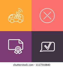 Modern, simple vector icon set on colorful background with cancel, achievement, transportation, positioning, success, talk, message, satellite, graduation, delete, certificate, chat, button, gps icons