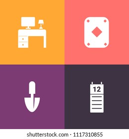 Modern, simple vector icon set on colorful background with desk, element, agriculture, computer, keyboard, white, above, construction, equipment, space, casino, agenda, work, vegas, spade, note icons