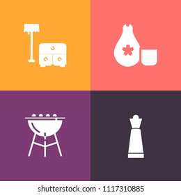 Modern, simple vector icon set on colorful background with bbq, japanese, meat, table, barbecue, wardrobe, furniture, play, sake, sushi, piece, seafood, asia, bed, restaurant, grilled, chair icons