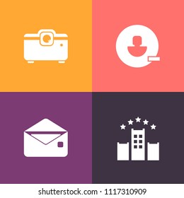 Modern, simple vector icon set on colorful background with communication, luggage, delete, internet, digital, profile, bed, key, website, room, taxi, sign, address, pictogram, envelope, video icons