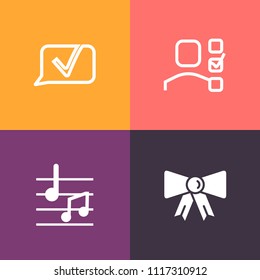 Modern, simple vector icon set on colorful background with concept, suit, black, melody, time, list, sound, plan, key, sign, note, clothing, web, management, accessory, tie, bubble, office, talk icons