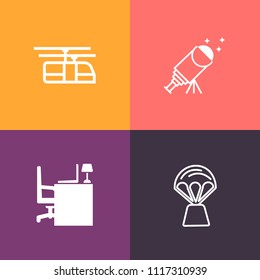 Modern, simple vector icon set on colorful background with table, railway, ropes, power, watching, transportation, notebook, dark, basket, sky, rail, desk, flight, electric, top, travel, journey icons