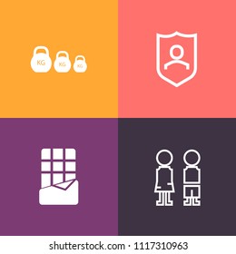 Modern, simple vector icon set on colorful background with safe, white, safety, male, candy, happy, element, kilogram, web, sweet, standing, fitness, security, guard, brown, lifting, childhood icons