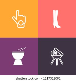 Modern, simple vector icon set on colorful background with barbecue, concert, showing, instrument, shoe, meat, footwear, music, direction, female, hand, percussion, sport, grill, cook, white icons