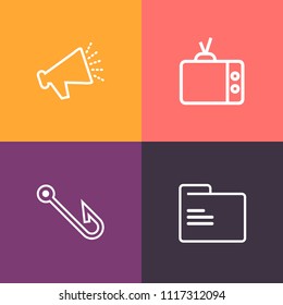 Modern, simple vector icon set on colorful background with empty, media, white, document, information, video, loud, sound, technology, fishing, template, blank, power, equipment, speaker, lcd icons