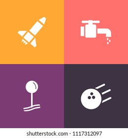 Modern, simple vector icon set on colorful background with launch, sign, bowling, lane, strike, drop, metal, leisure, bowl, map, hygiene, chrome, water, faucet, bathroom, science, sink, hobby icons