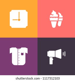 Modern, simple vector icon set on colorful background with clothes, summer, minute, icecream, ice, flavor, announcement, communication, clock, white, strawberry, textile, ice-cream, fashion, new icons