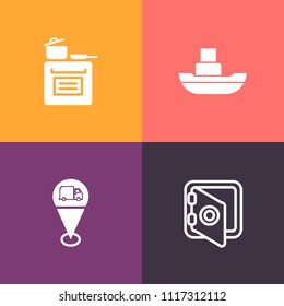 Modern, simple vector icon set on colorful background with ship, cooking, safety, industrial, steel, security, transport, modern, stove, inside, sign, oven, house, safe, kitchen, ocean, maritime icons