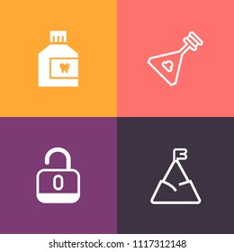 Modern, simple vector icon set on colorful background with safety, bottle, health, liquid, unlock, string, folk, nature, oral, clean, orchestra, hill, white, art, culture, lock, padlock, open icons