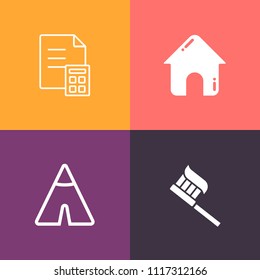 Modern, simple vector icon set on colorful background with financial, office, concept, business, dentist, bank, leisure, camp, currency, health, real, home, city, travel, building, healthy, tent icons