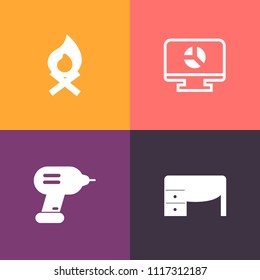 Modern, simple vector icon set on colorful background with data, fire, bonfire, notebook, blank, chart, evening, infographic, work, table, drill, office, firewood, industry, smoke, banner, copy icons