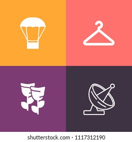 Modern, simple vector icon set on colorful background with dish, internet, spring, hanger, pink, equipment, network, clothing, blossom, signal, television, sign, coat, balloon, white, travel icons