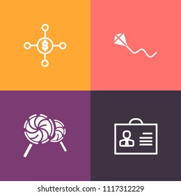 Modern, simple vector icon set on colorful background with lolly, male, dollar, toy, kite, social, fly, lollipop, banking, network, joy, childhood, earning, dessert, female, vacation, sweet, fun icons