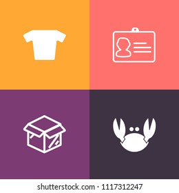 Modern, simple vector icon set on colorful background with shellfish, house, carton, document, sign, crab, card, sea, package, identification, clothing, male, plastic, shirt, ocean, business, id icons