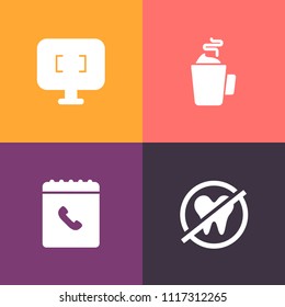 Modern, simple vector icon set on colorful background with telephone, business, internet, medical, cup, espresso, healthy, medicine, display, hot, dental, phone, cafe, mouth, desktop, address icons