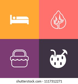 Modern, simple vector icon set on colorful background with cocktail, cold, sleep, forest, fresh, meal, foliage, relax, growth, park, alcohol, bed, plant, nature, food, lunch, coniferous, tree icons