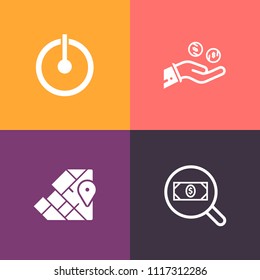 Modern, simple vector icon set on colorful background with power, continent, control, australia, button, switch, atlas, payment, cartography, currency, light, start, money, search, energy, off icons