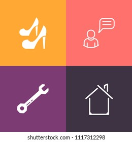 Modern, simple vector icon set on colorful background with elegant, equipment, business, modern, elegance, spanner, girl, female, white, architecture, leather, person, style, communication, talk icons