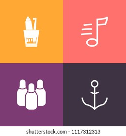 Modern, simple vector icon set on colorful background with ball, competition, control, note, sound, toothbrush, rudder, travel, helm, toothpaste, vessel, cone, brush, white, hygiene, musical icons