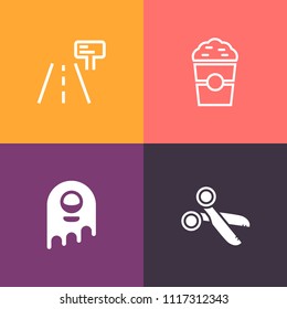 Modern, simple vector icon set on colorful background with white, extraterrestrial, warning, brown, alien, drink, fiction, morning, object, cafe, caffeine, paper, creature, road, information icons
