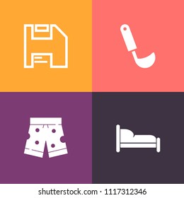Modern, simple vector icon set on colorful background with information, diskette, tool, table, sport, white, bed, cooking, soup, interior, house, template, dinner, save, cook, utensil, object icons