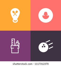 Modern, simple vector icon set on colorful background with restaurant, object, avatar, marker, work, leisure, ball, computer, pointer, head, people, business, sport, recreation, map, pen, hobby icons