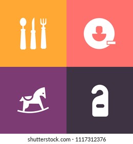 Modern, simple vector icon set on colorful background with child, baby, profile, toy, room, horse, rocking, dishware, web, utensil, hotel, service, fork, people, knife, cutlery, do, disturb, eat icons