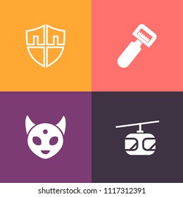 Modern, simple vector icon set on colorful background with blue, peel, security, utensil, protect, protection, equipment, guard, web, extraterrestrial, preparation, ufo, peeler, food, railroad icons
