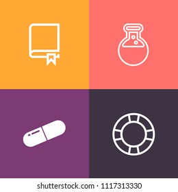 Modern, simple vector icon set on colorful background with travel, open, book, pool, medicine, swim, health, drug, vitamin, literature, read, prosthesis, knowledge, dictionary, water, dental icons