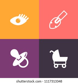 Modern, simple vector icon set on colorful background with little, face, female, soother, white, child, pram, small, infant, stroller, parent, kid, perambulator, girl, shovel, baby, construction icons