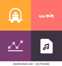 Modern, simple vector icon set on colorful background with bar, financial, van, trolley, report, cargo, tourism, auto, sound, diagram, luggage, hotel, truck, silhouette, finance, graph, vacation icons