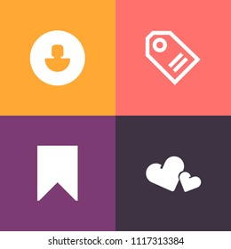 Modern, simple vector icon set on colorful background with face, member, website, sign, web, label, person, tag, retail, user, price, star, romantic, business, head, promotion, book, shape, love icons